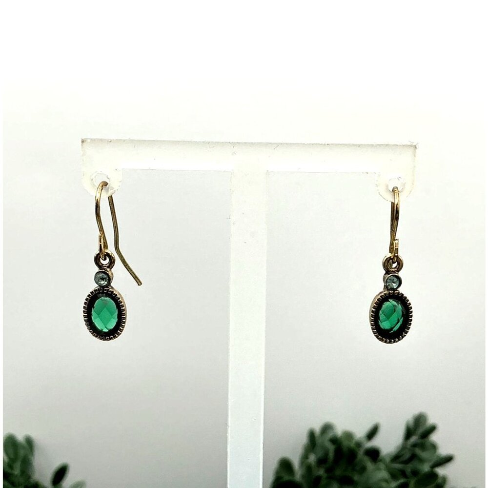 Vintage-Style Gold Tone Drop Earrings With Green Oval Resin gem - Picture 4 of 7
